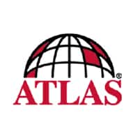 Globe with black grid lines and red accents above the word ATLAS in red text.