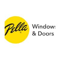 Pella Windows & Doors logo with yellow circle and black text.